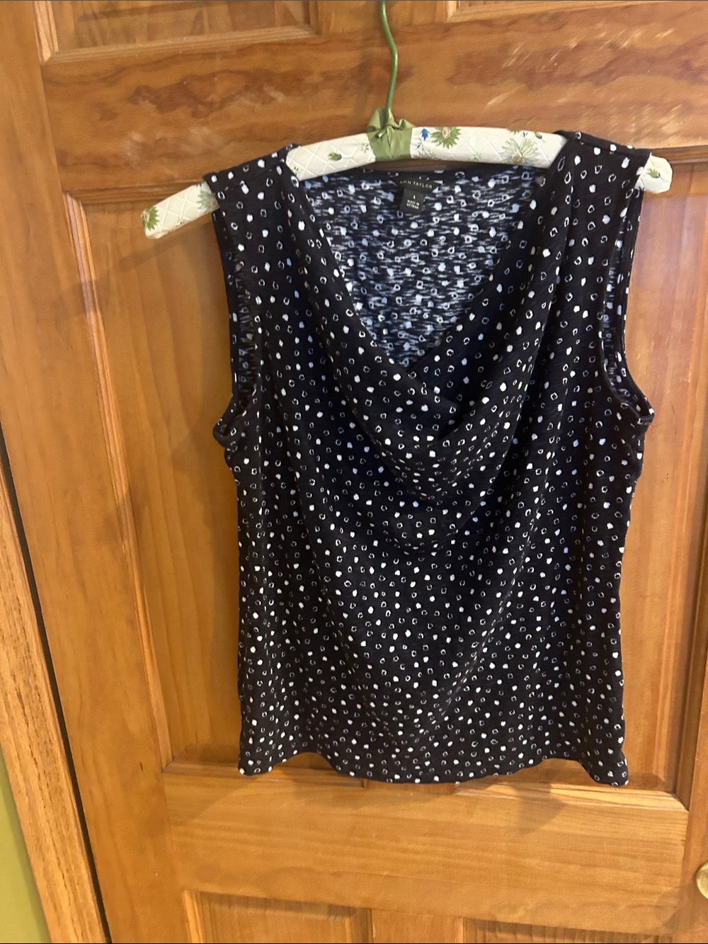 Ann Taylor Black Sleeveless Cowl Neck Top with White Dot Print. 60% cotton